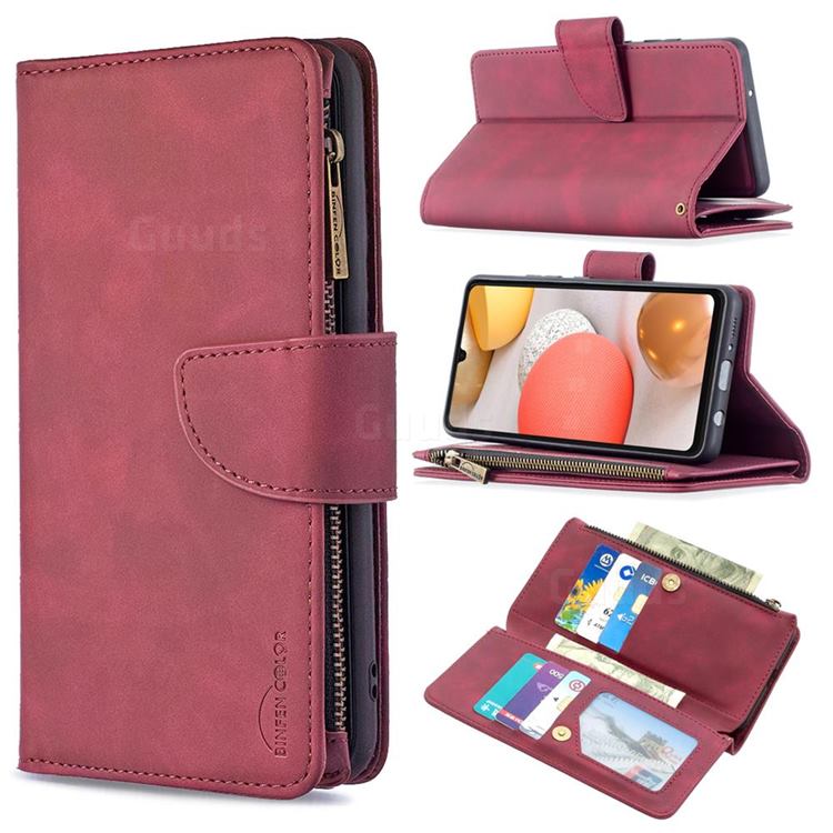 Binfen Color BF02 Sensory Buckle Zipper Multifunction Leather Phone Wallet for Samsung Galaxy A42 5G - Red Wine