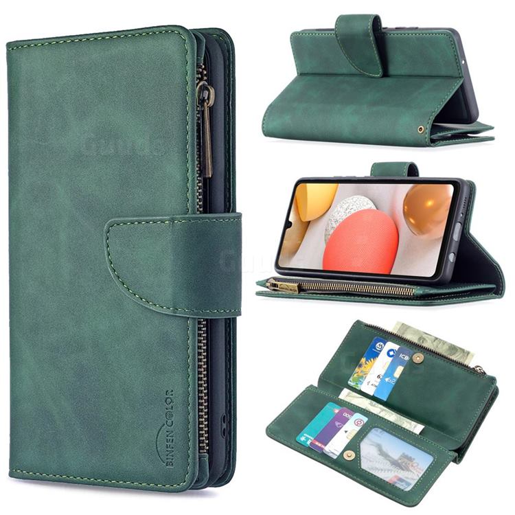 Binfen Color BF02 Sensory Buckle Zipper Multifunction Leather Phone Wallet for Samsung Galaxy A42 5G - Dark Green