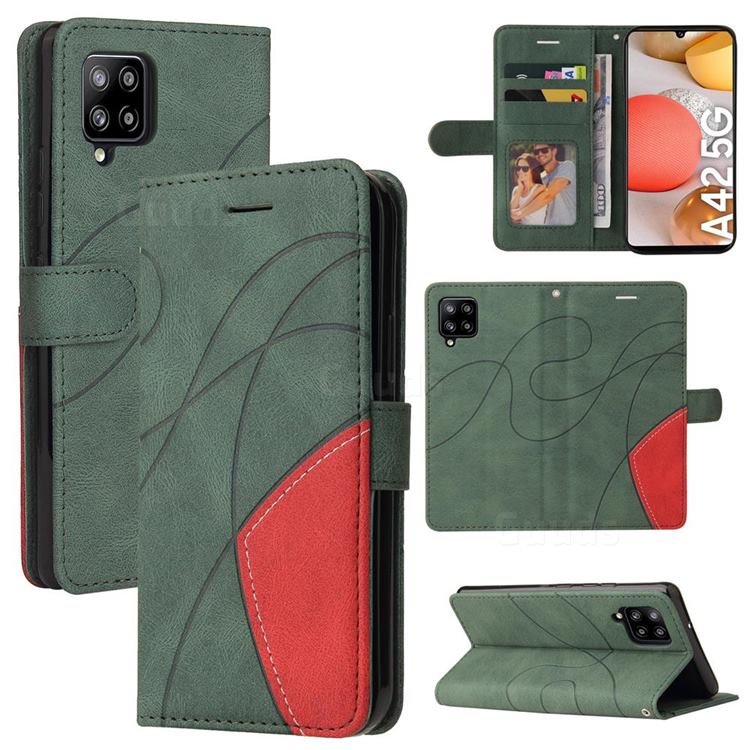 Luxury Two-color Stitching Leather Wallet Case Cover for Samsung Galaxy A42 5G - Green