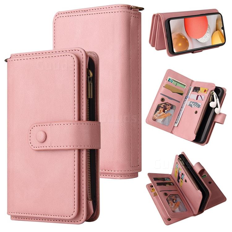Luxury Multi-functional Zipper Wallet Leather Phone Case Cover for Samsung Galaxy A42 5G - Pink