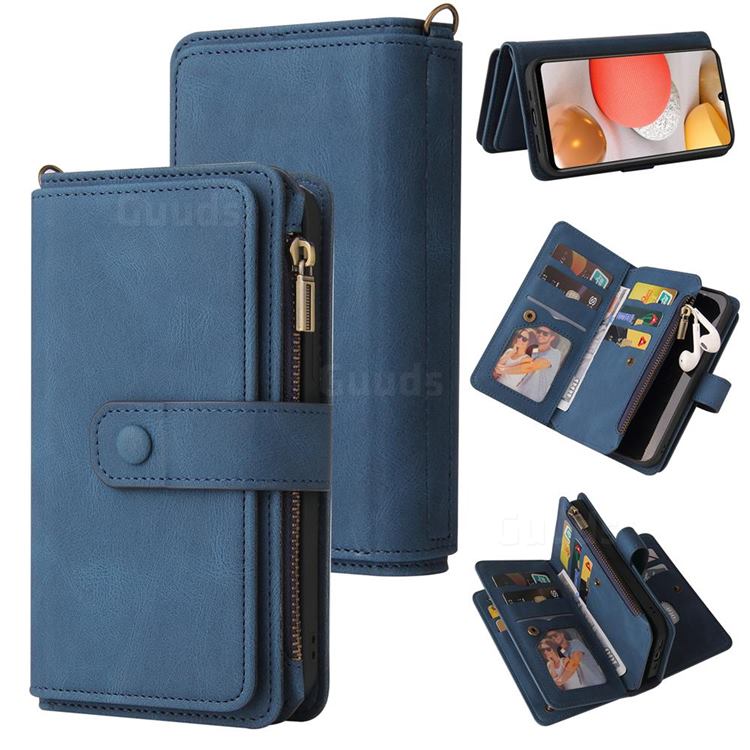 Luxury Multi-functional Zipper Wallet Leather Phone Case Cover for Samsung Galaxy A42 5G - Blue