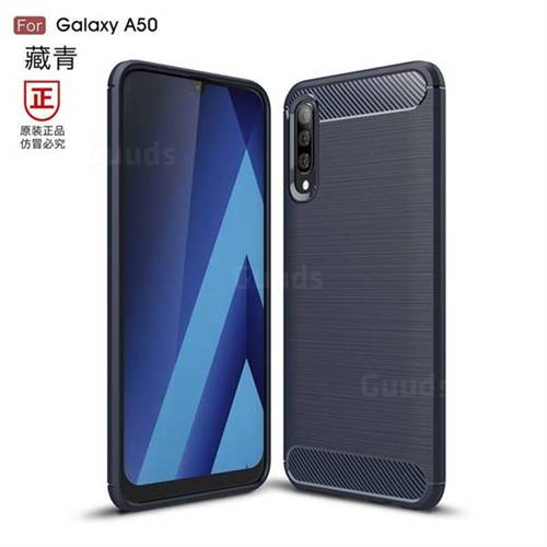 Luxury Carbon Fiber Brushed Wire Drawing Silicone TPU Back Cover for Samsung Galaxy A50 - Navy