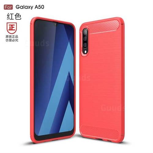 Luxury Carbon Fiber Brushed Wire Drawing Silicone TPU Back Cover for Samsung Galaxy A50 - Red