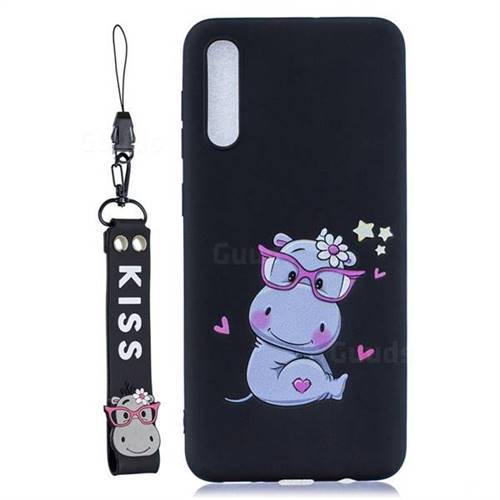 Black Flower Hippo Soft Kiss Candy Hand Strap Silicone Case for Samsung Galaxy A50