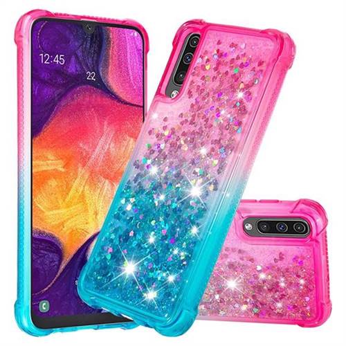 Rainbow Gradient Liquid Glitter Quicksand Sequins Phone Case for Samsung Galaxy A50 - Pink Blue
