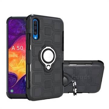 Ice Cube Shockproof PC + Silicon Invisible Ring Holder Phone Case for Samsung Galaxy A50 - Black