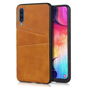 Simple Calf Card Slots Mobile Phone Back Cover for Samsung Galaxy A50 - Yellow