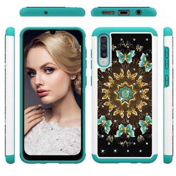 Golden Butterflies Studded Rhinestone Bling Diamond Shock Absorbing Hybrid Defender Rugged Phone Case Cover for Samsung Galaxy A50