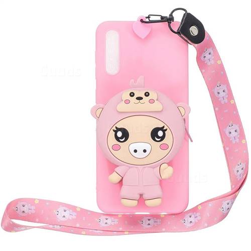 Pink Pig Neck Lanyard Zipper Wallet Silicone Case for Samsung Galaxy A50