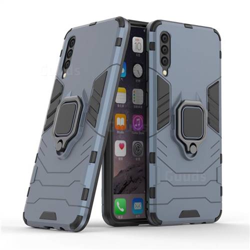 Black Panther Armor Metal Ring Grip Shockproof Dual Layer Rugged Hard Cover for Samsung Galaxy A50 - Blue