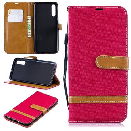 Jeans Cowboy Denim Leather Wallet Case for Samsung Galaxy A50 - Red