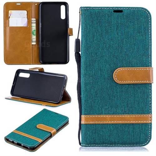 Jeans Cowboy Denim Leather Wallet Case for Samsung Galaxy A50 - Green