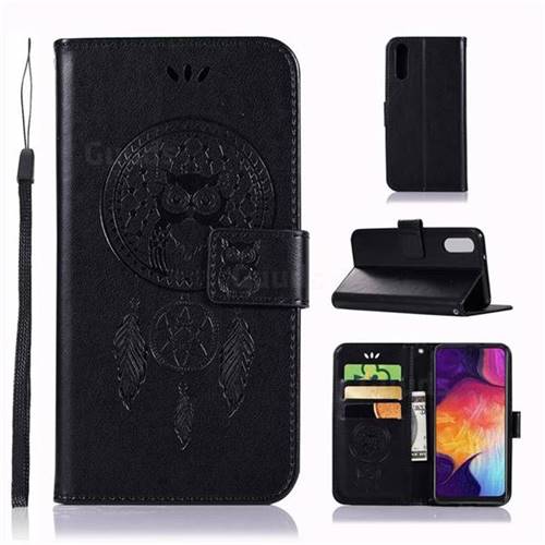 Intricate Embossing Owl Campanula Leather Wallet Case for Samsung Galaxy A50 - Black