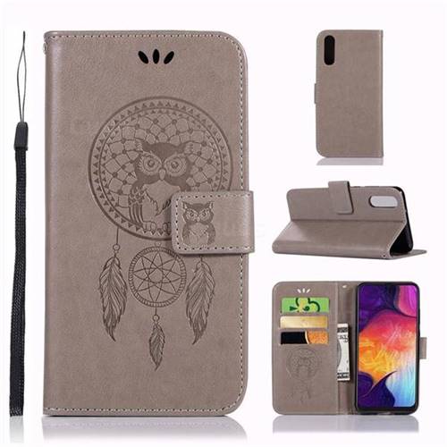 Intricate Embossing Owl Campanula Leather Wallet Case for Samsung Galaxy A50 - Grey