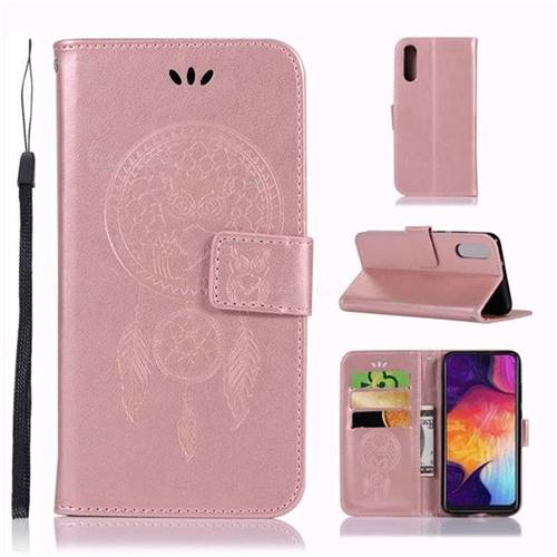 Intricate Embossing Owl Campanula Leather Wallet Case for Samsung Galaxy A50 - Rose Gold
