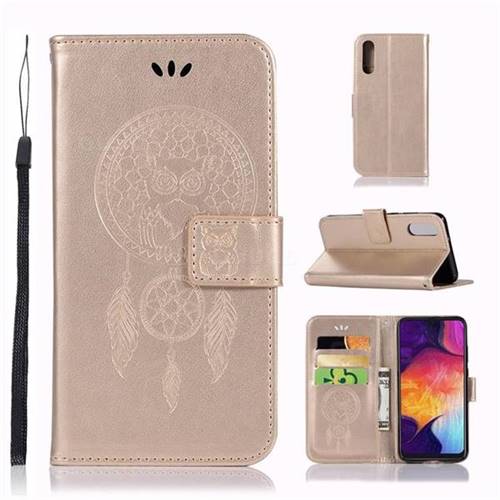 Intricate Embossing Owl Campanula Leather Wallet Case for Samsung Galaxy A50 - Champagne