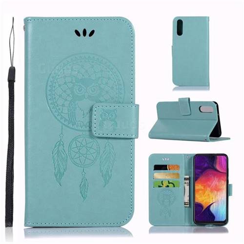 Intricate Embossing Owl Campanula Leather Wallet Case for Samsung Galaxy A50 - Green