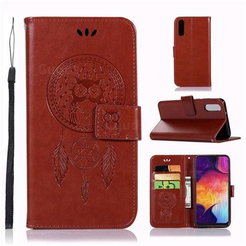 Intricate Embossing Owl Campanula Leather Wallet Case for Samsung Galaxy A50 - Brown