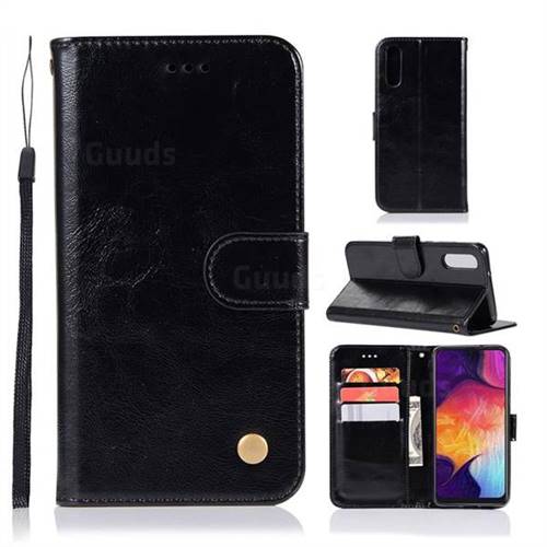 Luxury Retro Leather Wallet Case for Samsung Galaxy A50 - Black