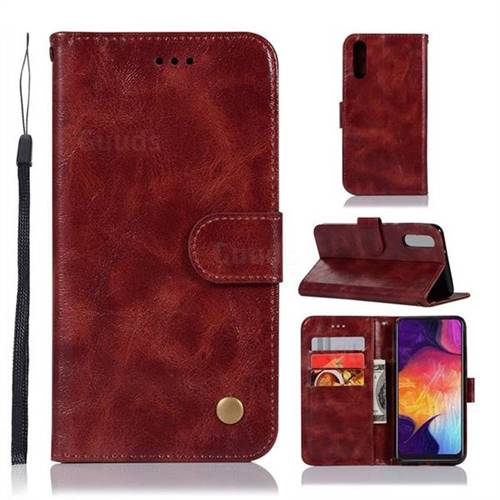 Luxury Retro Leather Wallet Case for Samsung Galaxy A50 - Wine Red