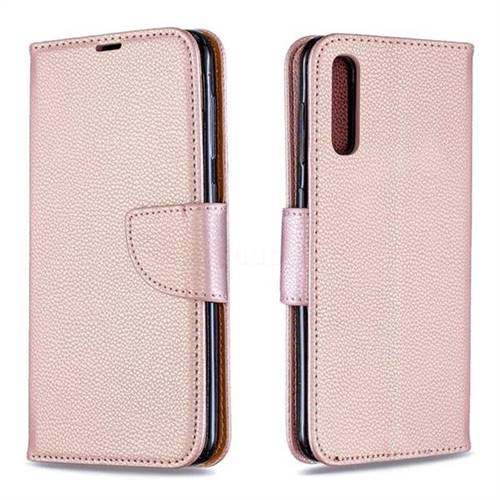 Classic Luxury Litchi Leather Phone Wallet Case for Samsung Galaxy A50 - Golden