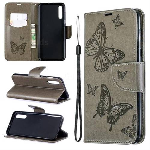 Embossing Double Butterfly Leather Wallet Case for Samsung Galaxy A50 - Gray
