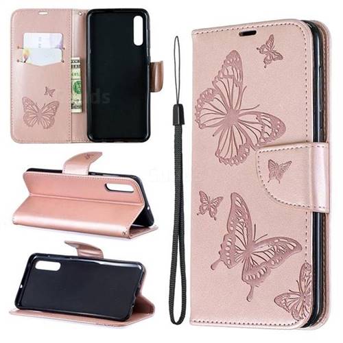 Embossing Double Butterfly Leather Wallet Case for Samsung Galaxy A50 - Rose Gold