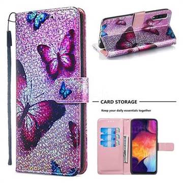 Blue Butterfly Sequins Painted Leather Wallet Case for Samsung Galaxy A50