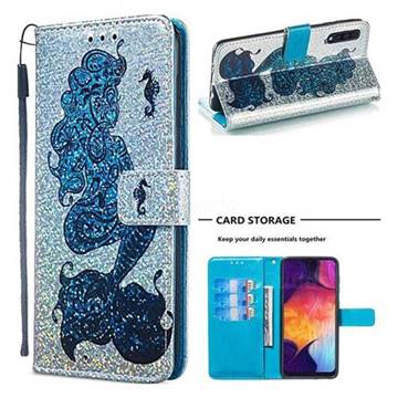 Mermaid Seahorse Sequins Painted Leather Wallet Case for Samsung Galaxy A50