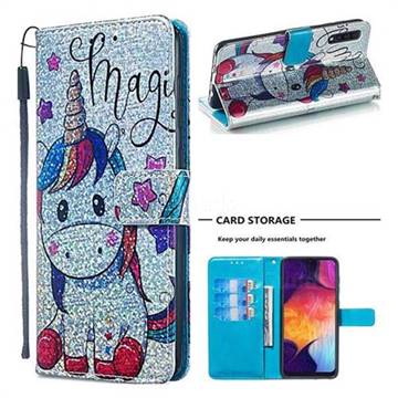 Star Unicorn Sequins Painted Leather Wallet Case for Samsung Galaxy A50