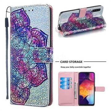 Glutinous Flower Sequins Painted Leather Wallet Case for Samsung Galaxy A50