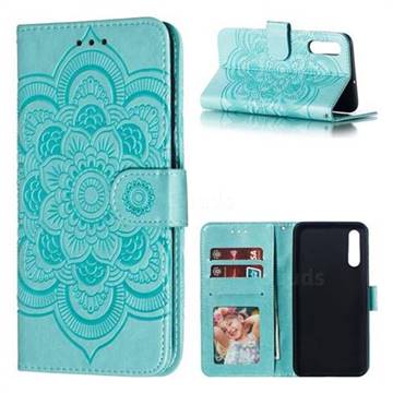 Intricate Embossing Datura Solar Leather Wallet Case for Samsung Galaxy A50 - Green