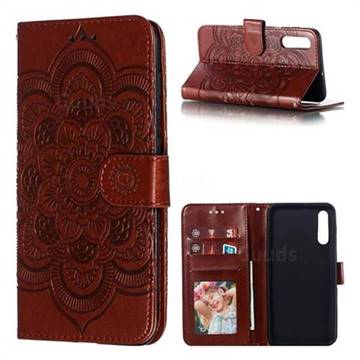 Intricate Embossing Datura Solar Leather Wallet Case for Samsung Galaxy A50 - Brown