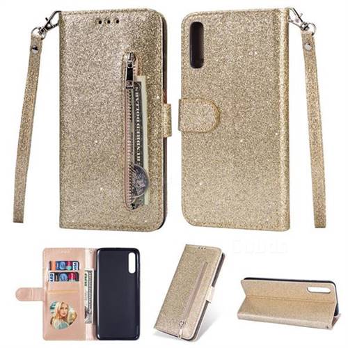 Glitter Shine Leather Zipper Wallet Phone Case for Samsung Galaxy A50 - Gold