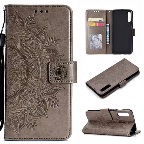 Intricate Embossing Datura Leather Wallet Case for Samsung Galaxy A50 - Gray