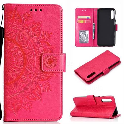 Intricate Embossing Datura Leather Wallet Case for Samsung Galaxy A50 - Rose Red