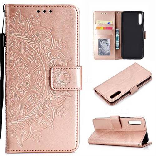 Intricate Embossing Datura Leather Wallet Case for Samsung Galaxy A50 - Rose Gold