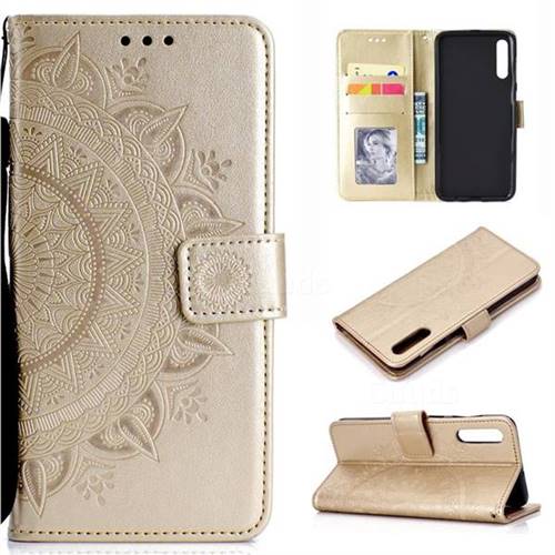Intricate Embossing Datura Leather Wallet Case for Samsung Galaxy A50 - Golden