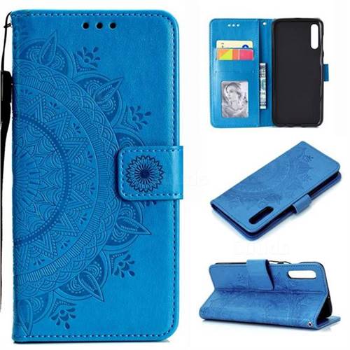Intricate Embossing Datura Leather Wallet Case for Samsung Galaxy A50 - Blue