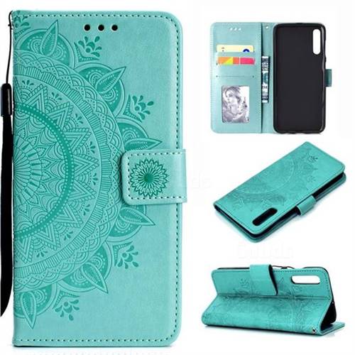 Intricate Embossing Datura Leather Wallet Case for Samsung Galaxy A50 - Mint Green