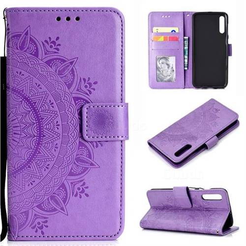 Intricate Embossing Datura Leather Wallet Case for Samsung Galaxy A50 - Purple