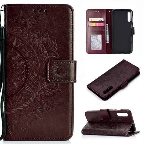 Intricate Embossing Datura Leather Wallet Case for Samsung Galaxy A50 - Brown