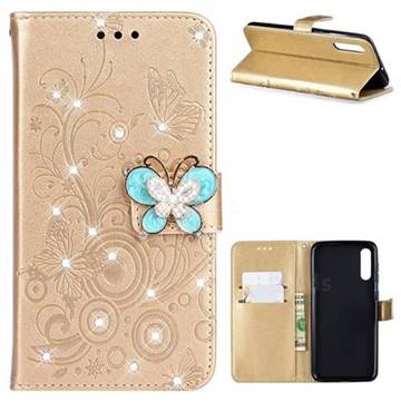 Embossing Butterfly Circle Rhinestone Leather Wallet Case for Samsung Galaxy A50 - Champagne
