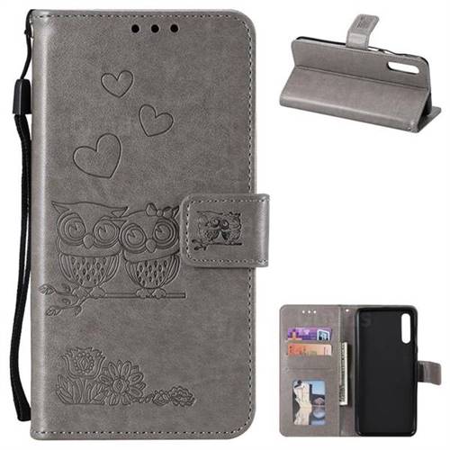 Embossing Owl Couple Flower Leather Wallet Case for Samsung Galaxy A50 - Gray