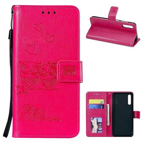 Embossing Owl Couple Flower Leather Wallet Case for Samsung Galaxy A50 - Red