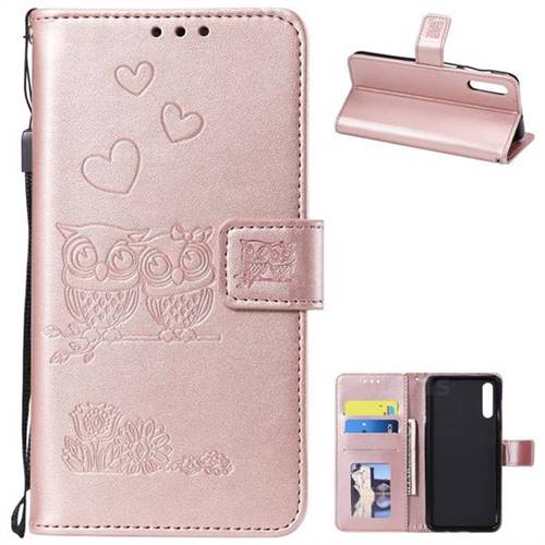 Embossing Owl Couple Flower Leather Wallet Case for Samsung Galaxy A50 - Rose Gold