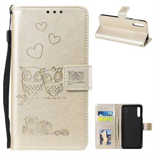 Embossing Owl Couple Flower Leather Wallet Case for Samsung Galaxy A50 - Golden