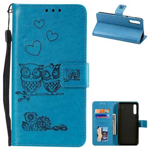 Embossing Owl Couple Flower Leather Wallet Case for Samsung Galaxy A50 - Blue
