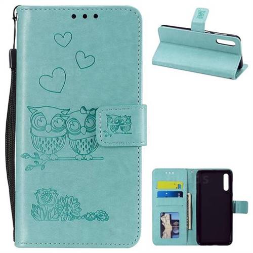 Embossing Owl Couple Flower Leather Wallet Case for Samsung Galaxy A50 - Green