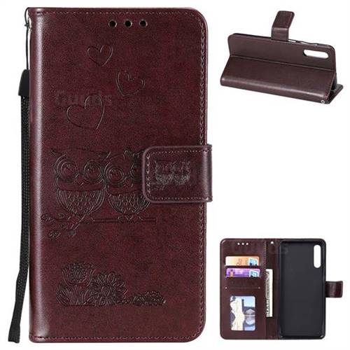 Embossing Owl Couple Flower Leather Wallet Case for Samsung Galaxy A50 - Brown